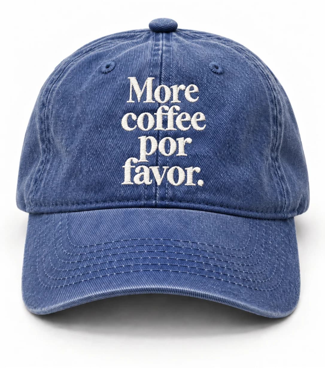Gorra FML en azul rey deslavado, con frase More coffee por favor.