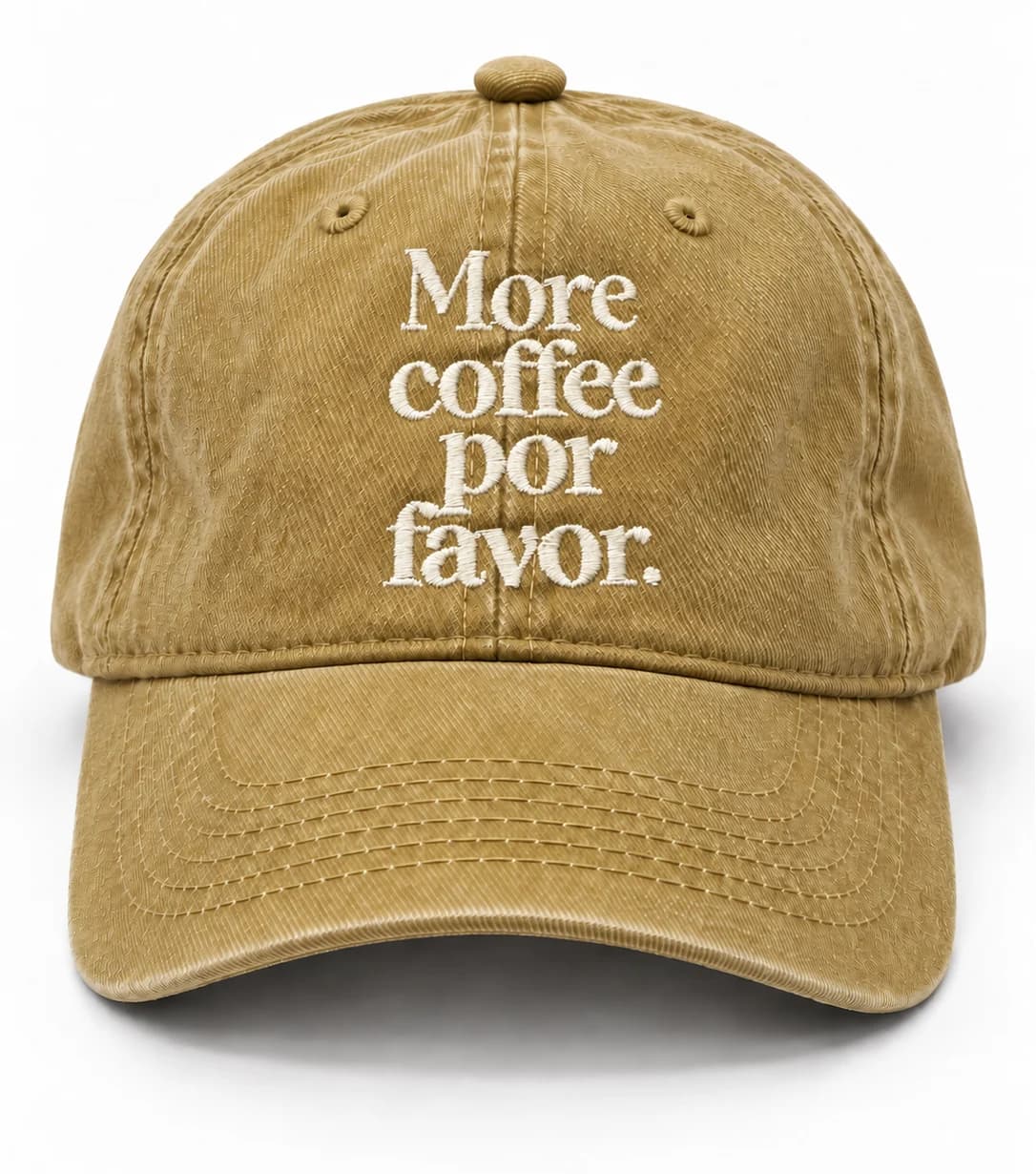 Gorra FML en mostaza deslavada, con frase More coffee por favor.