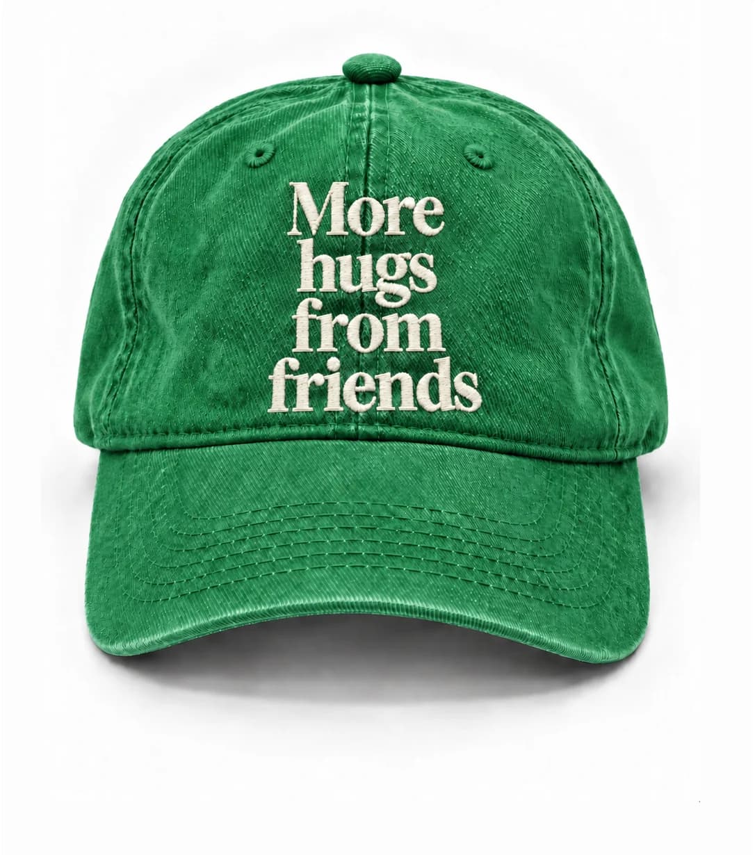 Gorra FML en verde, con frase More hugs from friends.