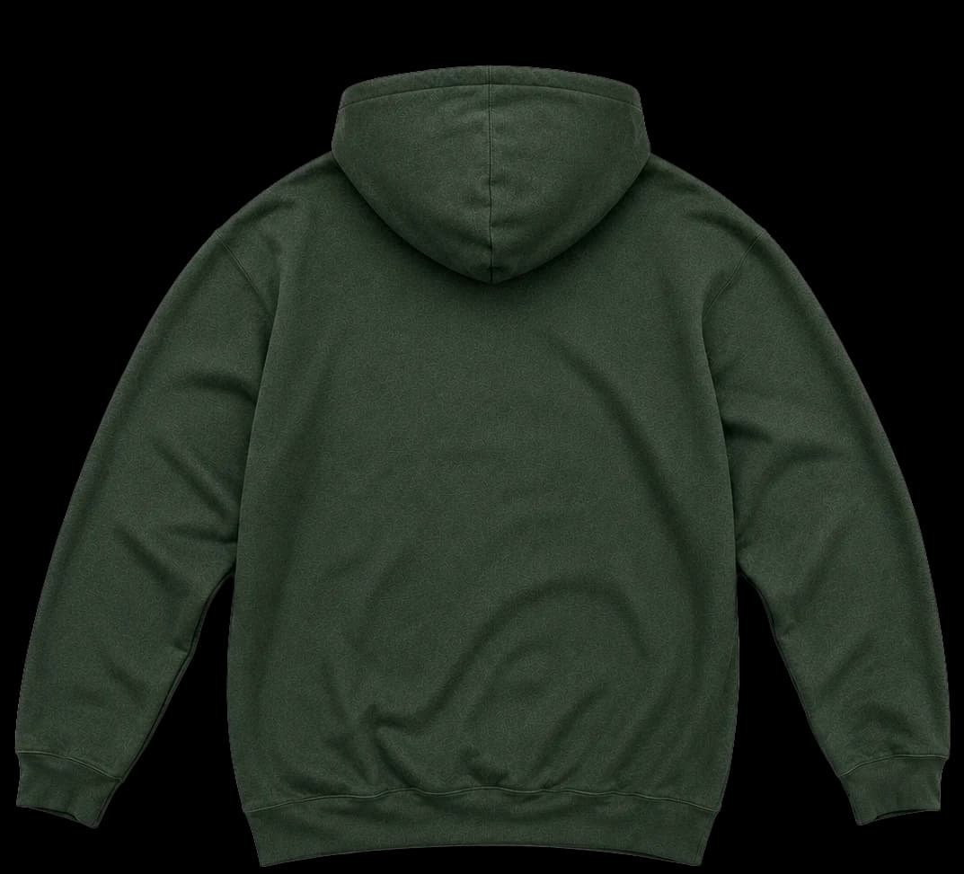 Sudadera Clásica en verde bosque, con parche naranja y frase More hugs from family.