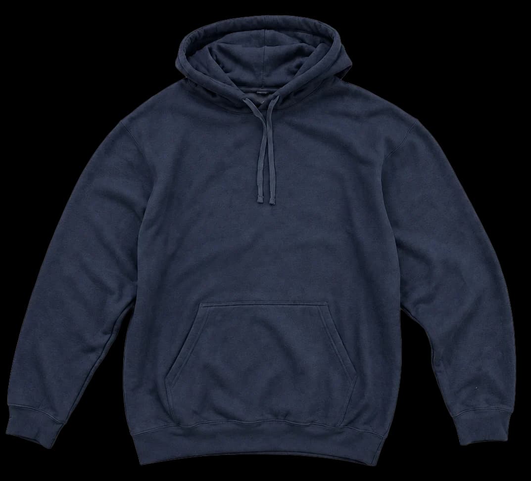 Sudadera Clásica en azul marino, con parche naranja y frase Music, coffee & friends.