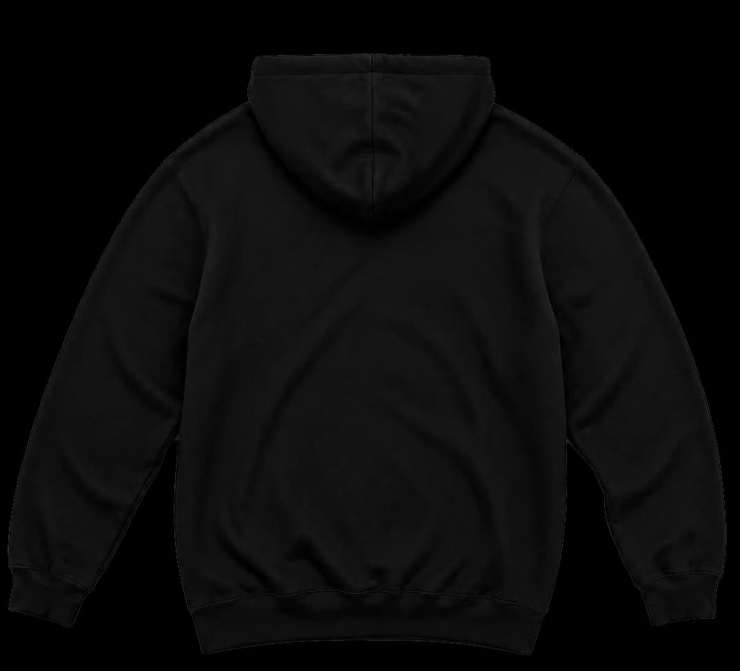 Sudadera Clásica en negro, con parche naranja y frase More hugs from family.