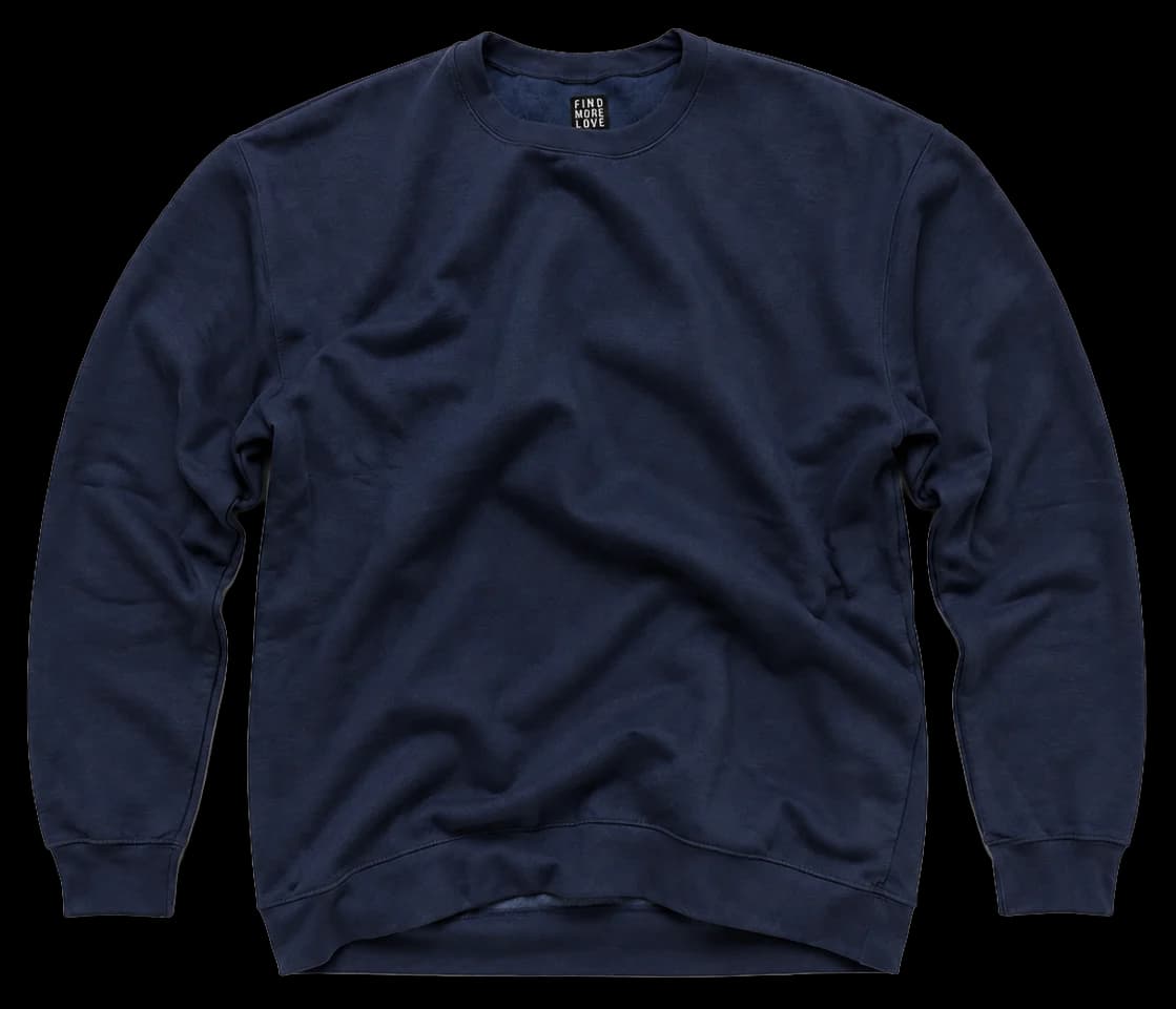 Sudadera Crewneck en azul marino, con parche naranja y frase Music, coffee & friends.