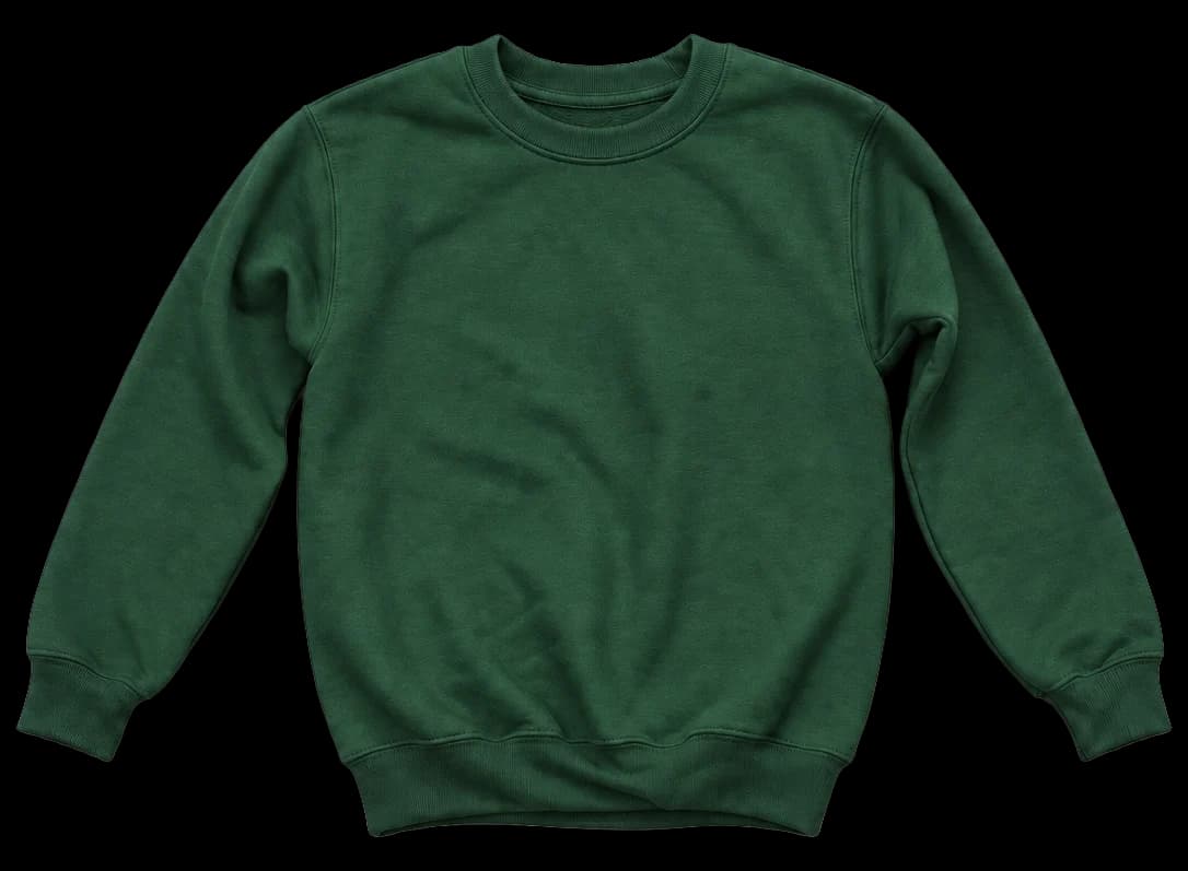 Sudadera Crewneck Niños en verde bosque, con parche naranja y frase Trees, trails & dogs.