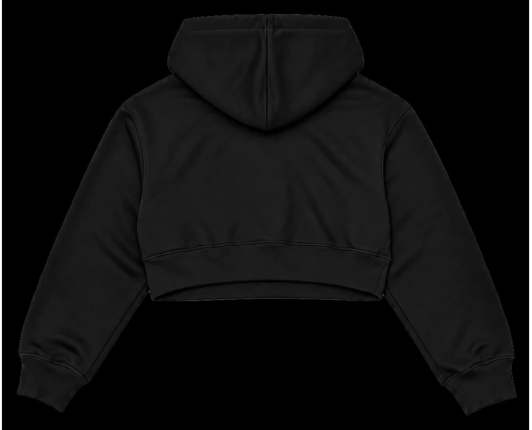 Sudadera Crop en negro, con parche rojo y frase More besos por favor.