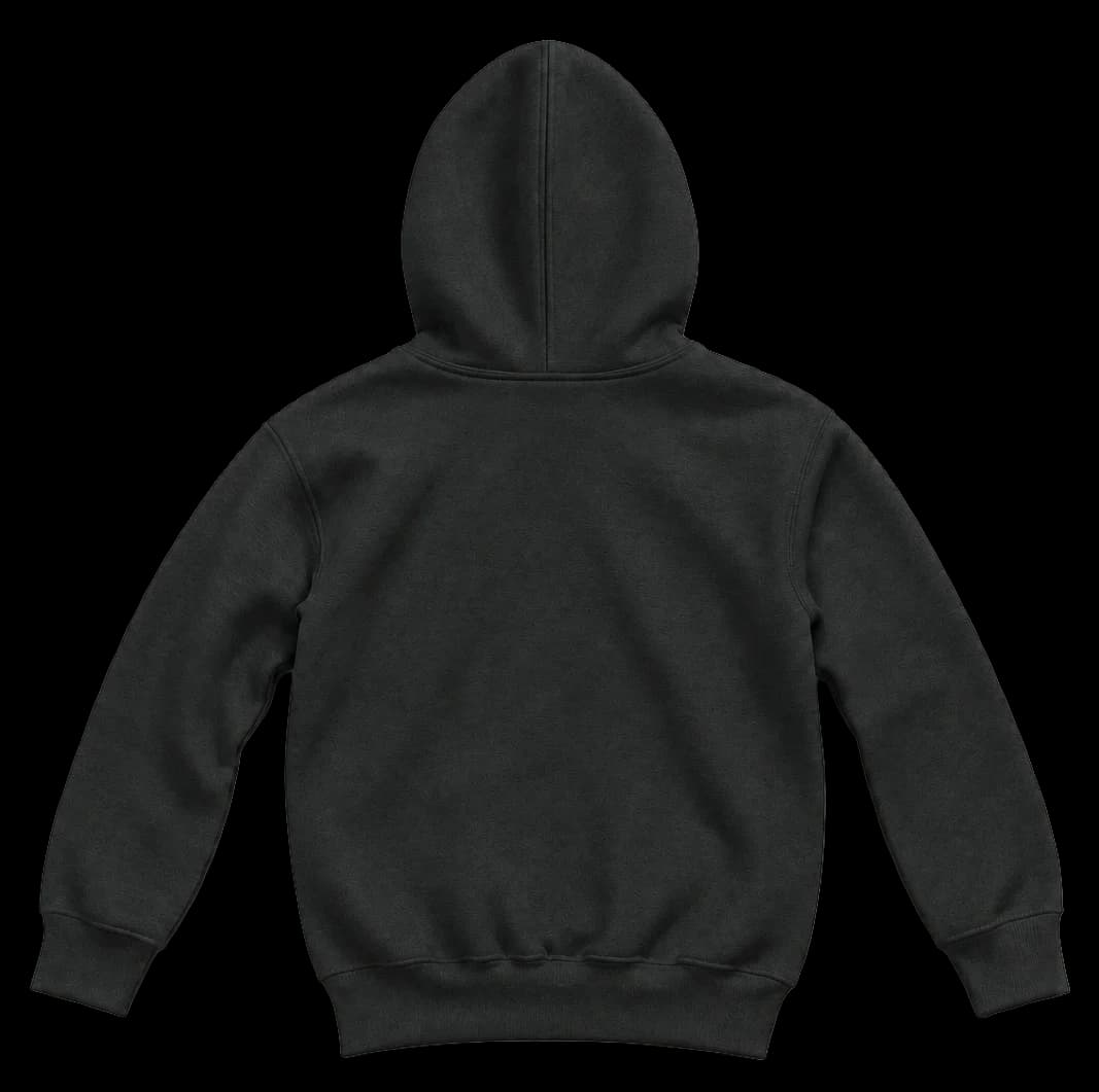 Sudadera Niños en negro, con parche naranja y frase More hugs from family.