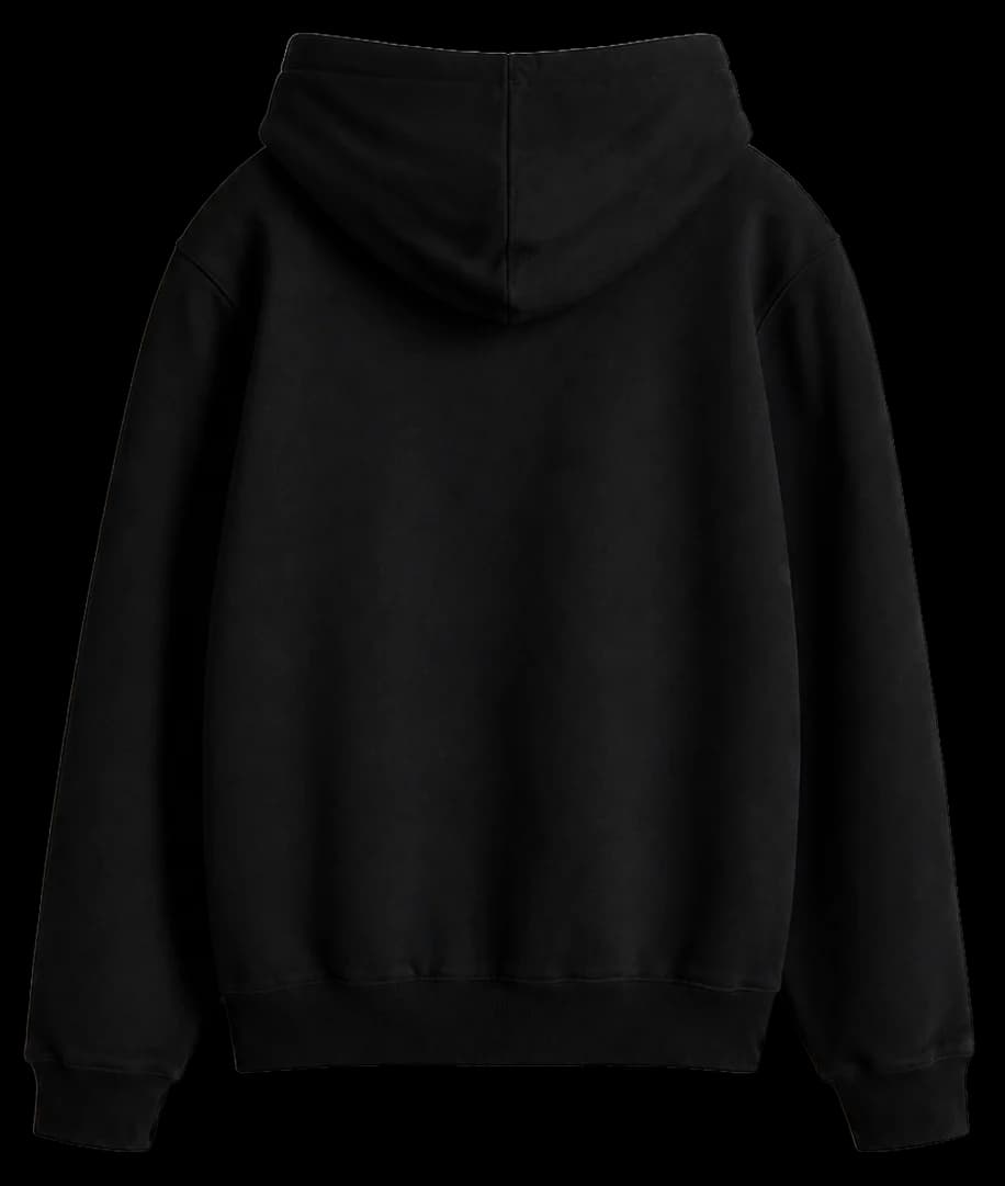 Sudadera Oversized en negro, con parche naranja y frase Music, coffee & friends.